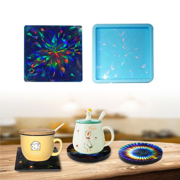 Epoksi Yuvarkak Bardak Altlığı Desenli Bardak Altı Hologram Kalıbı Silikon 8.5x8.5cm GT9481