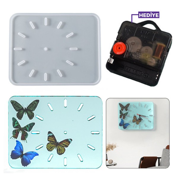 Epoksi Saat Kalıbı Dikdörtgen Saat Kalıbı Silikon 28.9x22.9cm - Mekanizma Hediyeli