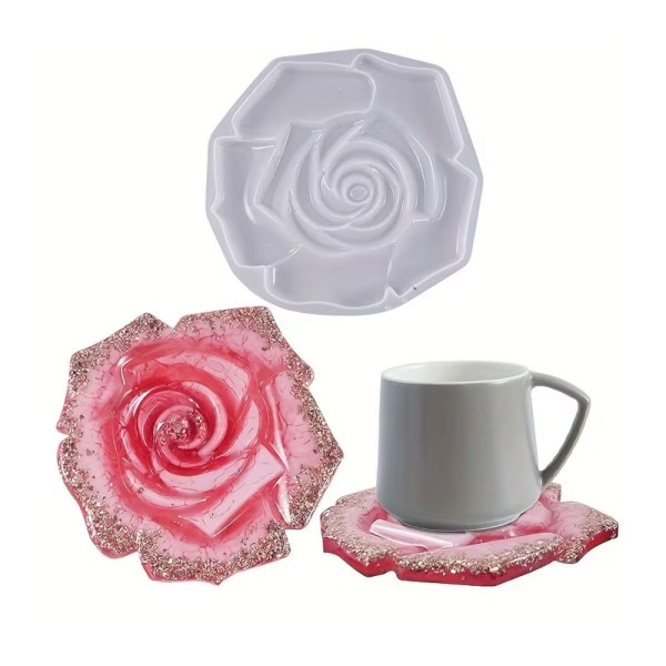 Epoksi Bardak Altı Kabartmalı Gül Desenli Bardak Altlığı Taş Tozu Kalıbı 13.5x13.1x1.2cm