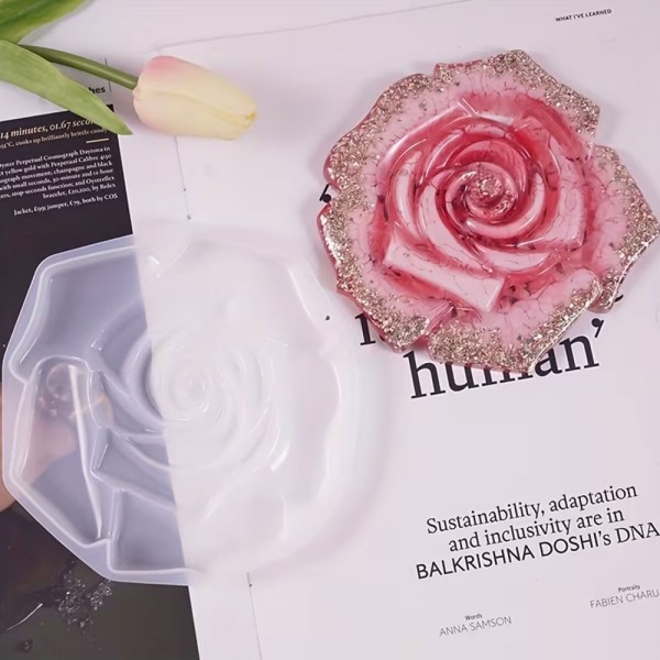 Epoksi Bardak Altı Kabartmalı Gül Desenli Bardak Altlığı Taş Tozu Kalıbı 13.5x13.1x1.2cm