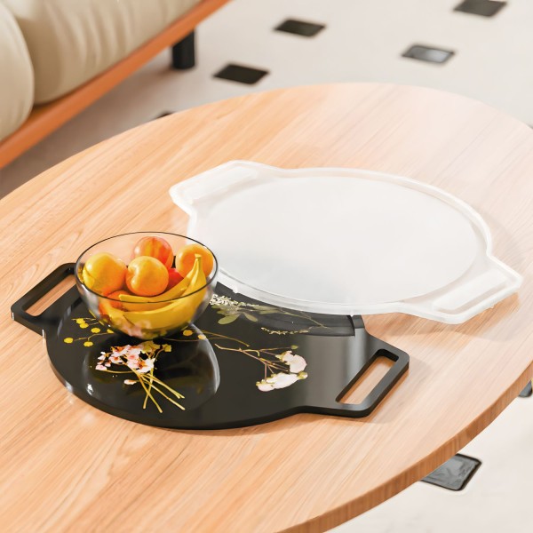 Epoksi Tepsi Kalıbı Yuvarlak Kulplu Tepsi Kalıbı Kokulu Taş Tozu Tepsi Kalıbı Silikon 38x30cm